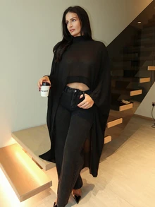 MDEdit Black Sheer Chiffon Draped Sleeve Maxi Top - Black - View 1