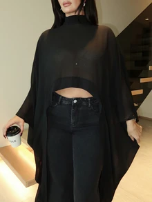 MDEdit Black Sheer Chiffon Draped Sleeve Maxi Top - Black - View 4