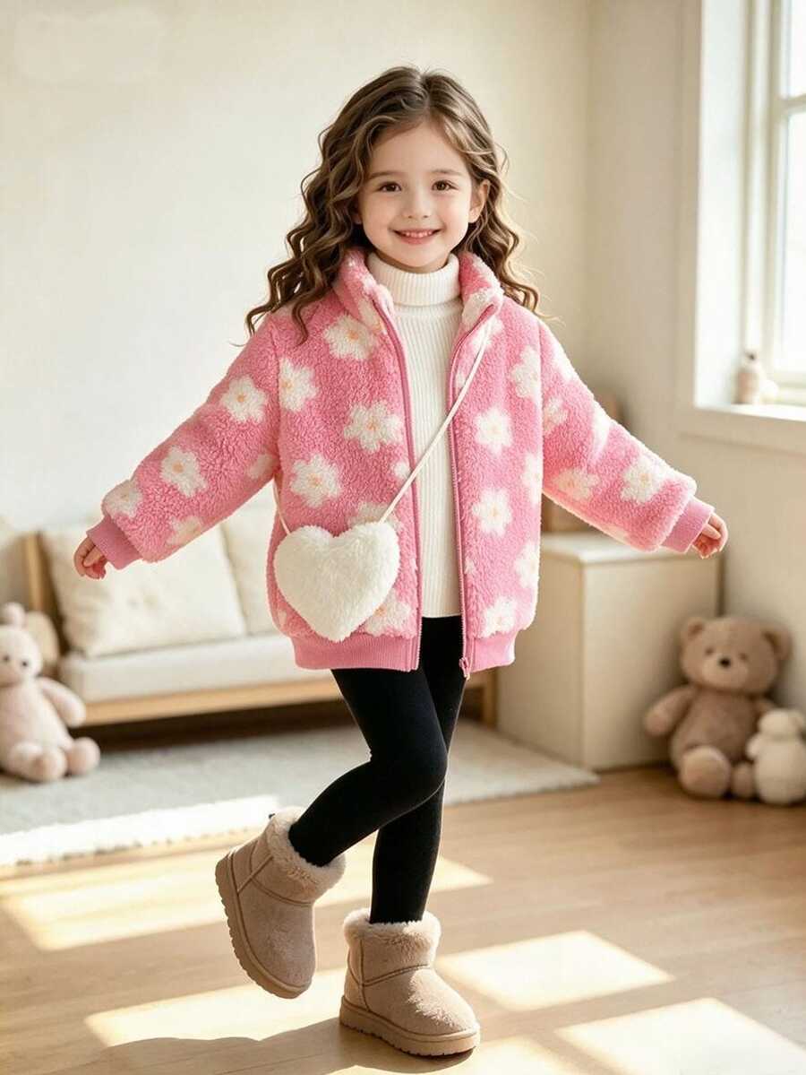 SHEIN جاكيت كارديجان طويل من الفرو الناعم بسحاب وياقة واقفة بنقشة زهور وردية زاهية للبنات، مناسب للخروجات الشتوية - وردي - مشاهدة 1