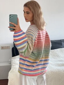 DAZY Sweater Rajut Pullover Kasual Lengan Panjang Bergaris Pelangi untuk Liburan Musim Semi dan Gugur untuk Wanita - Berwarna merah muda - View 6