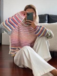 DAZY Sweater Rajut Pullover Kasual Lengan Panjang Bergaris Pelangi untuk Liburan Musim Semi dan Gugur untuk Wanita - Berwarna merah muda - View 3