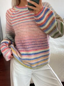 DAZY Sweater Rajut Pullover Kasual Lengan Panjang Bergaris Pelangi untuk Liburan Musim Semi dan Gugur untuk Wanita - Berwarna merah muda - View 2