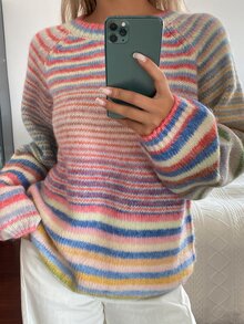 DAZY Sweater Rajut Pullover Kasual Lengan Panjang Bergaris Pelangi untuk Liburan Musim Semi dan Gugur untuk Wanita - Berwarna merah muda - View 8
