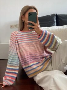 DAZY Sweater Rajut Pullover Kasual Lengan Panjang Bergaris Pelangi untuk Liburan Musim Semi dan Gugur untuk Wanita - Berwarna merah muda - View 5