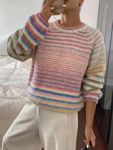 DAZY Sweater Rajut Pullover Kasual Lengan Panjang Bergaris Pelangi untuk Liburan Musim Semi dan Gugur untuk Wanita - Berwarna merah muda - View 7