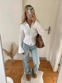 CovetEZ Women's Solid Color Pleated Casual Versatile Daily Long Sleeve Shirt - White - View 2