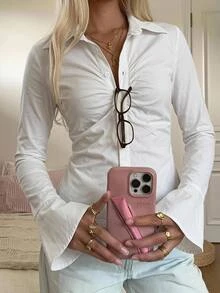 CovetEZ Women's Solid Color Pleated Casual Versatile Daily Long Sleeve Shirt - White - View 3
