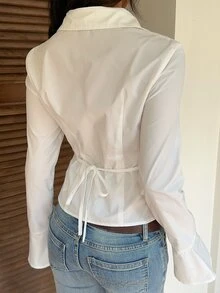 CovetEZ Women's Solid Color Pleated Casual Versatile Daily Long Sleeve Shirt - White - View 4