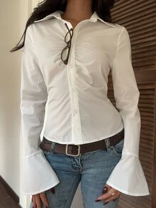 CovetEZ Women's Solid Color Pleated Casual Versatile Daily Long Sleeve Shirt - White - View 6