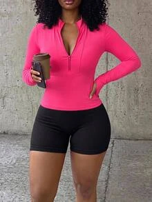 SHEIN Core Rhythm Plus Size Women Solid Color Patchwork Long Sleeve Short Zipper Slim Fit Sports Jacket - Hot Pink - View 1