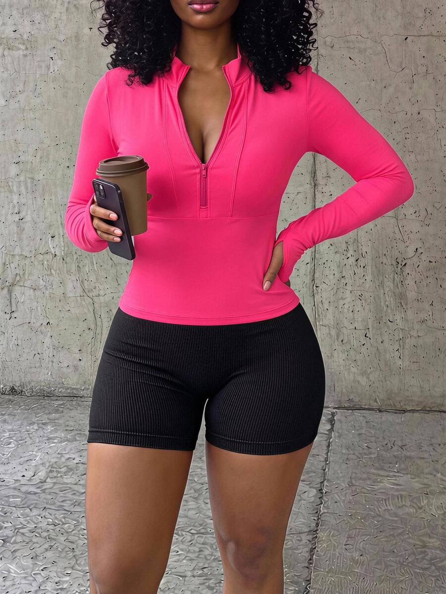 SHEIN Core Rhythm Plus Size Women Solid Color Patchwork Long Sleeve Short Zipper Slim Fit Sports Jacket - Hot Pink - View 1