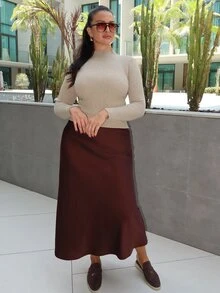 MDEdit Women's Solid Color Long Sleeve Slim Fit Casual Pullover Sweater, Autumn/Winter - Beige - View 4