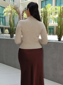 MDEdit Women's Solid Color Long Sleeve Slim Fit Casual Pullover Sweater, Autumn/Winter - Beige - View 3