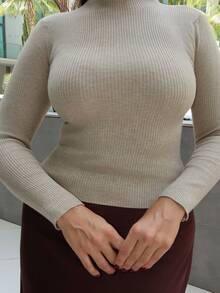 MDEdit Women's Solid Color Long Sleeve Slim Fit Casual Pullover Sweater, Autumn/Winter - Beige - View 5