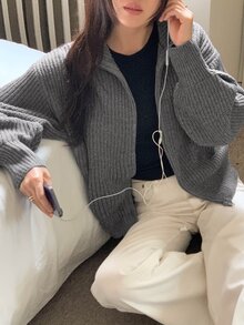 DAZY Women's Solid Color Loose High Neck Long Sleeve Zipper Casual Vacation Autumn/Winter Knit Cardigan - Grey - View 6