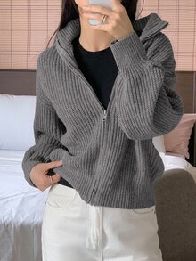 DAZY Women's Solid Color Loose High Neck Long Sleeve Zipper Casual Vacation Autumn/Winter Knit Cardigan - Grey - View 8