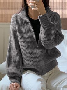 DAZY Women's Solid Color Loose High Neck Long Sleeve Zipper Casual Vacation Autumn/Winter Knit Cardigan - Grey - View 9