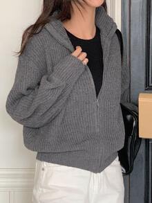 DAZY Women's Solid Color Loose High Neck Long Sleeve Zipper Casual Vacation Autumn/Winter Knit Cardigan - Grey - View 3