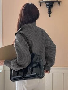 DAZY Women's Solid Color Loose High Neck Long Sleeve Zipper Casual Vacation Autumn/Winter Knit Cardigan - Grey - View 7