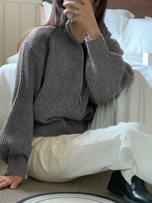 DAZY Women's Solid Color Loose High Neck Long Sleeve Zipper Casual Vacation Autumn/Winter Knit Cardigan - Grey - View 2