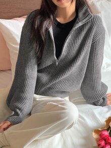 DAZY Women's Solid Color Loose High Neck Long Sleeve Zipper Casual Vacation Autumn/Winter Knit Cardigan - Grey - View 4