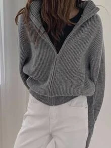 DAZY Women's Solid Color Loose High Neck Long Sleeve Zipper Casual Vacation Autumn/Winter Knit Cardigan - Grey - View 1