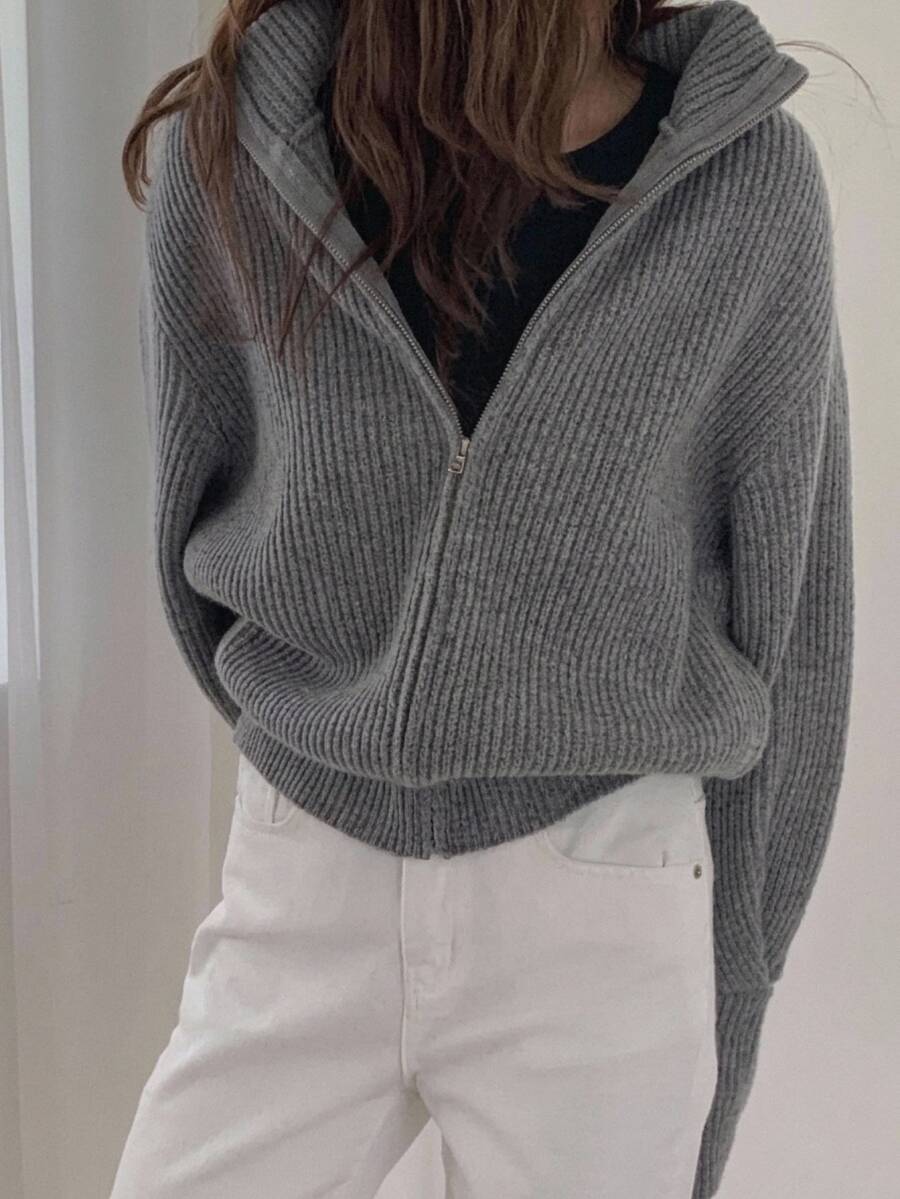 DAZY Women's Solid Color Loose High Neck Long Sleeve Zipper Casual Vacation Autumn/Winter Knit Cardigan - Grey - View 1