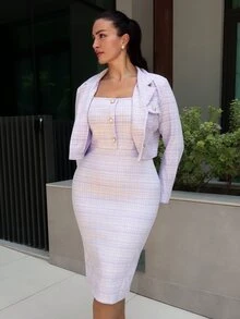 MDEdit 2025春夏法式千鸟格优雅女士套装：短款粗花呢西装外套和无袖修身连衣裙 - 淡紫色 - 查看 1