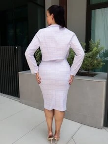 MDEdit 2025春夏法式千鸟格优雅女士套装：短款粗花呢西装外套和无袖修身连衣裙 - 淡紫色 - 查看 2