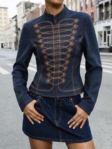 Maija Dark Blue Women's Long Sleeve New Chinese Style Frog Button Fall Everyday Night Out Retro 70s Office - Navy Blue - View 1