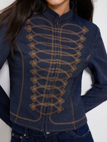 Maija Dark Blue Women's Long Sleeve New Chinese Style Frog Button Fall Everyday Night Out Retro 70s Office - Navy Blue - View 3