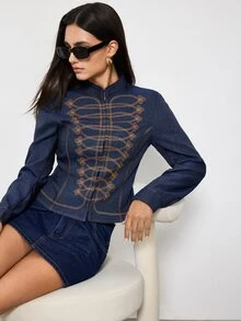Maija Dark Blue Women's Long Sleeve New Chinese Style Frog Button Fall Everyday Night Out Retro 70s Office - Navy Blue - View 7