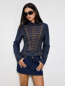 Maija Dark Blue Women's Long Sleeve New Chinese Style Frog Button Fall Everyday Night Out Retro 70s Office - Navy Blue - View 2