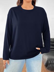 SHEIN EZwear 秋季大码纯色休闲长袖T恤 - 藏蓝色 - 查看 5