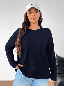 SHEIN EZwear 秋季大码纯色休闲长袖T恤 - 藏蓝色 - 查看 6
