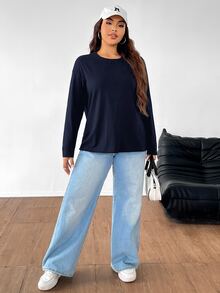 SHEIN EZwear 秋季大码纯色休闲长袖T恤 - 藏蓝色 - 查看 8