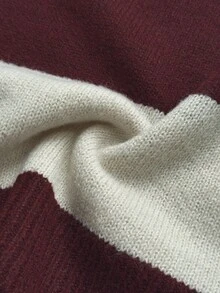 Maweii Sweater Pullover Wanita Ukuran Besar Motif Garis-Garis Blok Warna Leher V Bordir Gaya Berkuda yang Melangsingkan - Merah - View 7