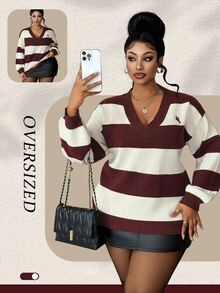Maweii Sweater Pullover Wanita Ukuran Besar Motif Garis-Garis Blok Warna Leher V Bordir Gaya Berkuda yang Melangsingkan - Merah - View 1