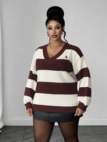 Maweii Sweater Pullover Wanita Ukuran Besar Motif Garis-Garis Blok Warna Leher V Bordir Gaya Berkuda yang Melangsingkan - Merah - View 2