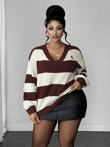 Maweii Sweater Pullover Wanita Ukuran Besar Motif Garis-Garis Blok Warna Leher V Bordir Gaya Berkuda yang Melangsingkan - Merah - View 5