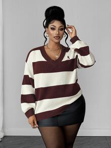 Maweii Sweater Pullover Wanita Ukuran Besar Motif Garis-Garis Blok Warna Leher V Bordir Gaya Berkuda yang Melangsingkan - Merah - View 4