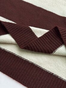 Maweii Sweater Pullover Wanita Ukuran Besar Motif Garis-Garis Blok Warna Leher V Bordir Gaya Berkuda yang Melangsingkan - Merah - View 8