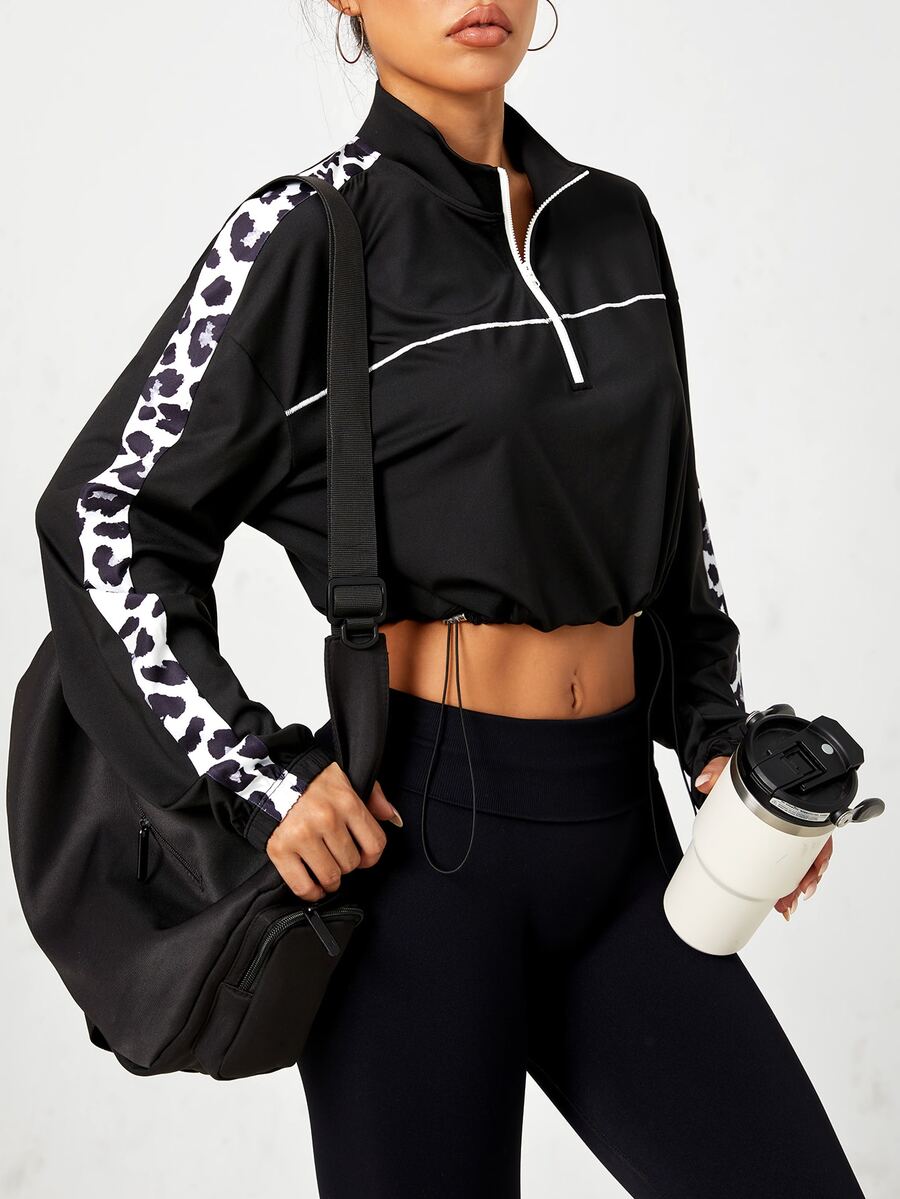 SHEIN Dewbera Women's Collared Long Sleeve Colorblock Short Sports Sweatshirt - Multicolor - View 1