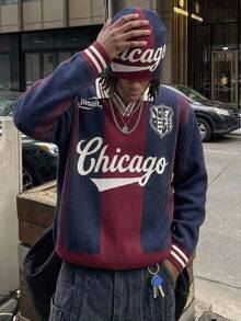 NEOSTRIT Men's Streetwear Colorblock Fashion Ribbed Long Sleeve Sweater Y2k Couple Matching Outfit Fall - Multicolor - View 1