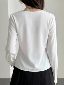 DAZY Women's Solid Color Long Sleeve Button-Up Fitted Tie-Front Blouse - White - View 6