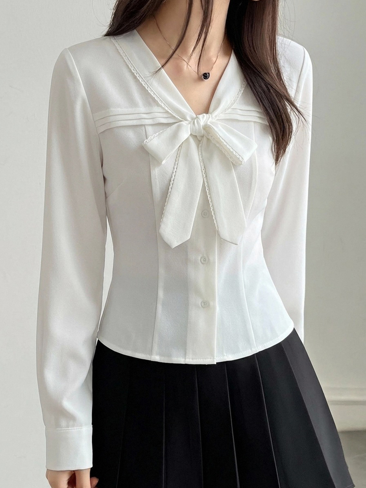 DAZY Blusa de mujer de unicolor con manga larga, botones y nudo delantero ajustada - Blanco - Añade 7
