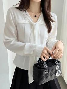 DAZY Women's Solid Color Long Sleeve Button-Up Fitted Tie-Front Blouse - White - View 2