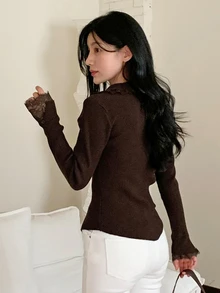 DAZY Women's Lace Patchwork Casual Versatile Daily Wear Sweater - Brown - View 7