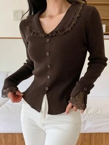 DAZY Women's Lace Patchwork Casual Versatile Daily Wear Sweater - Brown - View 2