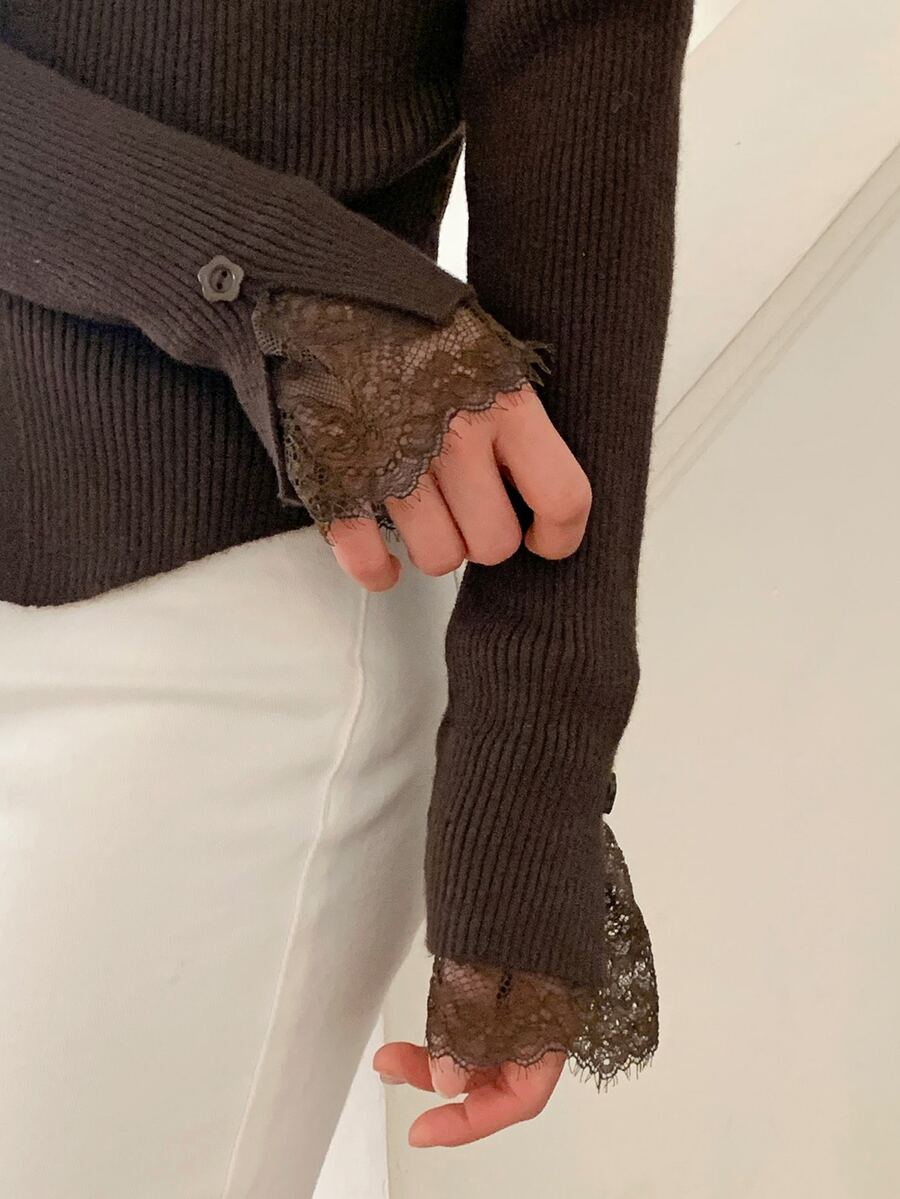DAZY Women's Lace Patchwork Casual Versatile Daily Wear Sweater - Brown - View 1